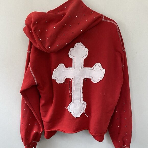 Y2K Life Of Sin Distressed Embroidered Bling Cross Hoodie - Picture 10 of 16